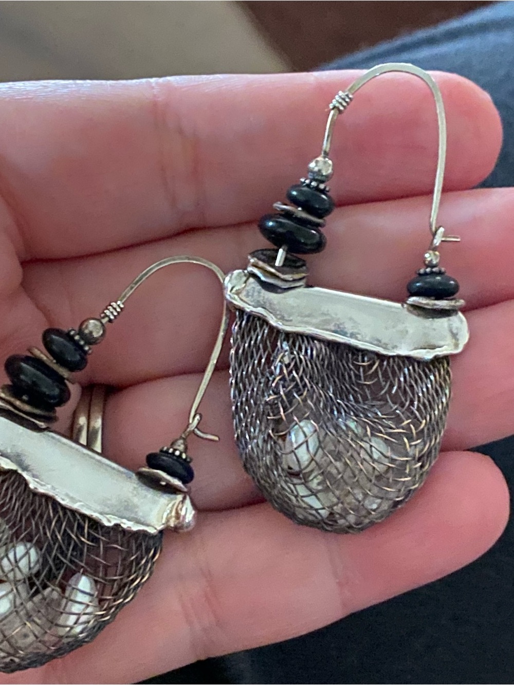 Handcrafted Silver-Tone Mesh Drop Earrings with Black Accents